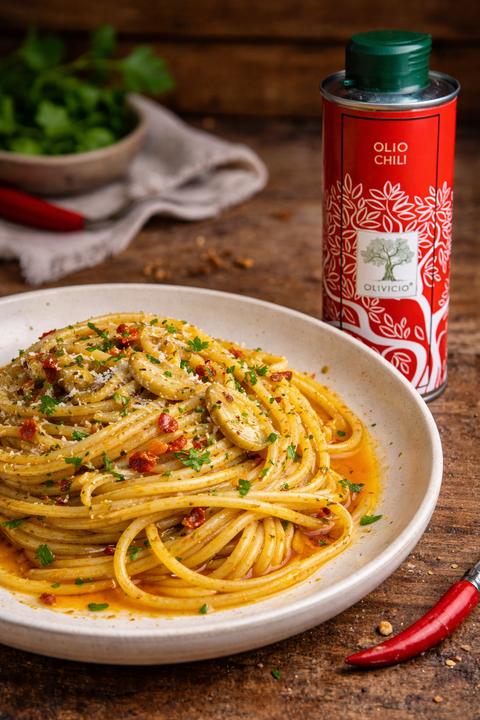 Spaghetti Aglio e Olio mit Chili-Olivenöl auf einem hellen Teller, verfeinert mit Knoblauch, Chiliflocken und Petersilie. Daneben steht eine rote Dose Chili-Olivenöl auf rustikalem Holzhintergrund.