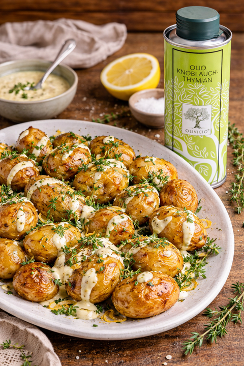 Das Knoblauch-Thymian-Olivenöl verbindet würzige Tiefe, mediterrane Kräuternoten und natürliche Frische – ideal für vegane Ofengerichte, ohne weitere Gewürze zu benötigen.